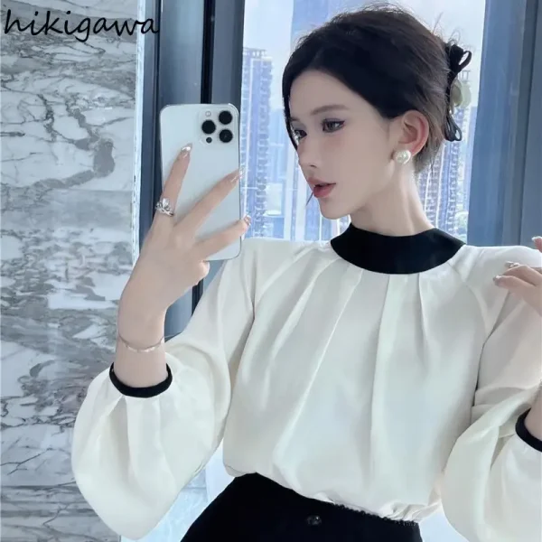 Temperament Lady Tops Vintage Blouses for Women 2025 Blusas Mujer De Mida O-neck Lantern Sleeve Loose Bandage Bow Blouse Shirts - Image 3
