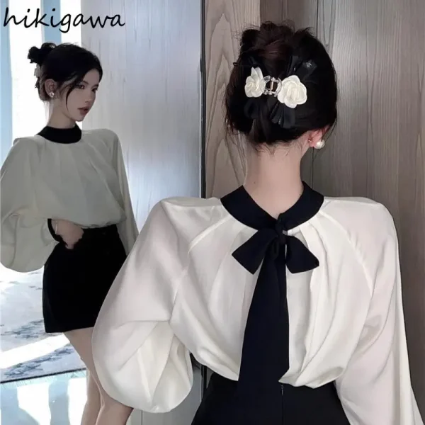 Temperament Lady Tops Vintage Blouses for Women 2025 Blusas Mujer De Mida O-neck Lantern Sleeve Loose Bandage Bow Blouse Shirts