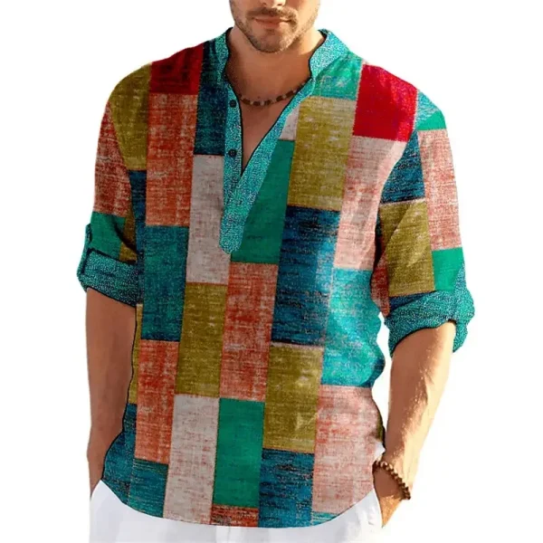 Pop Color Block Patchwork 3D Printed Henley Shirts Men's Fashion Streetwear Stand Collar Long Sleeve Shirt Tops Blouse Man Cloth - Image 2