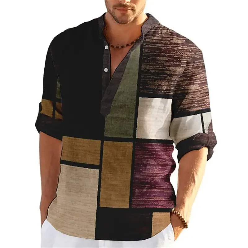 Pop Color Block Patchwork 3D Printed Henley Shirts Men's Fashion Streetwear Stand Collar Long Sleeve Shirt Tops Blouse Man Cloth Pop Color Block Patchwork 3D Printed Henley Shirts Men's Fashion Streetwear Stand Collar Long Sleeve Shirt Tops Blouse Man Cloth