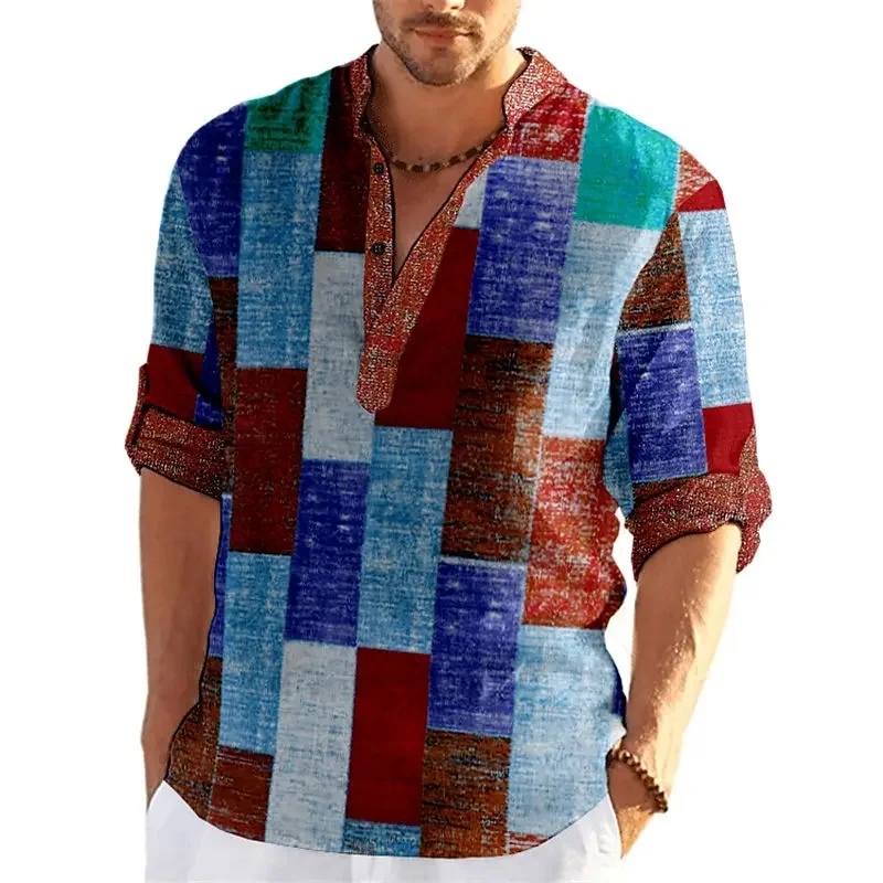 Pop Color Block Patchwork 3D Printed Henley Shirts Men's Fashion Streetwear Stand Collar Long Sleeve Shirt Tops Blouse Man Cloth Pop Color Block Patchwork 3D Printed Henley Shirts Men's Fashion Streetwear Stand Collar Long Sleeve Shirt Tops Blouse Man Cloth