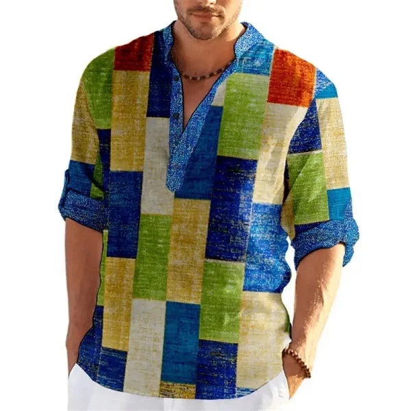 Pop Color Block Patchwork 3D Printed Henley Shirts Men's Fashion Streetwear Stand Collar Long Sleeve Shirt Tops Blouse Man Cloth
