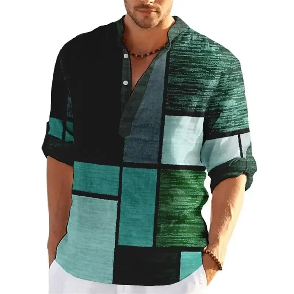 Pop Color Block Patchwork 3D Printed Henley Shirts Men's Fashion Streetwear Stand Collar Long Sleeve Shirt Tops Blouse Man Cloth - Image 5