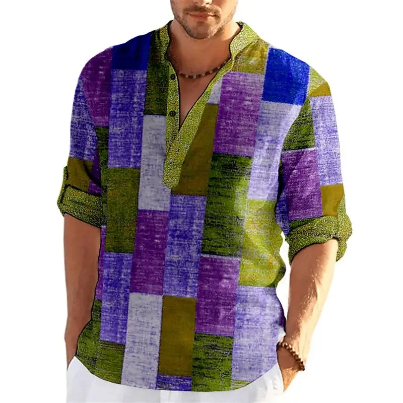 Pop Color Block Patchwork 3D Printed Henley Shirts Men's Fashion Streetwear Stand Collar Long Sleeve Shirt Tops Blouse Man Cloth Pop Color Block Patchwork 3D Printed Henley Shirts Men's Fashion Streetwear Stand Collar Long Sleeve Shirt Tops Blouse Man Cloth