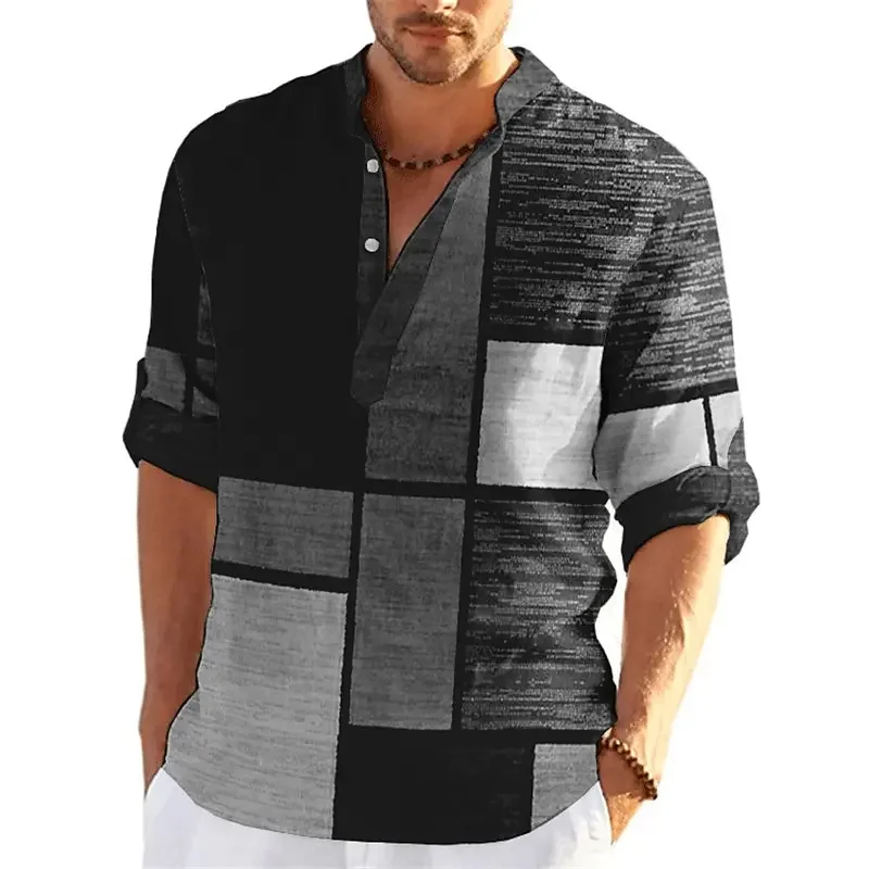 Pop Color Block Patchwork 3D Printed Henley Shirts Men's Fashion Streetwear Stand Collar Long Sleeve Shirt Tops Blouse Man Cloth Pop Color Block Patchwork 3D Printed Henley Shirts Men's Fashion Streetwear Stand Collar Long Sleeve Shirt Tops Blouse Man Cloth
