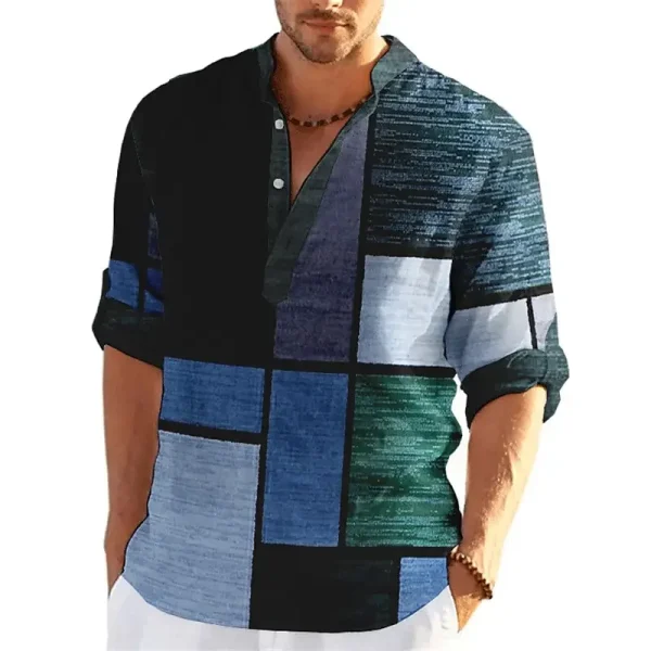 Pop Color Block Patchwork 3D Printed Henley Shirts Men's Fashion Streetwear Stand Collar Long Sleeve Shirt Tops Blouse Man Cloth - Image 4