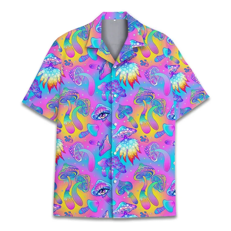 Pop Colorful Mushroom 3d Print Hawaiian Shirt Men Summer Vacation Shirts Button Lapel Short Sleeve Street Beach Aloha Shirt Clot