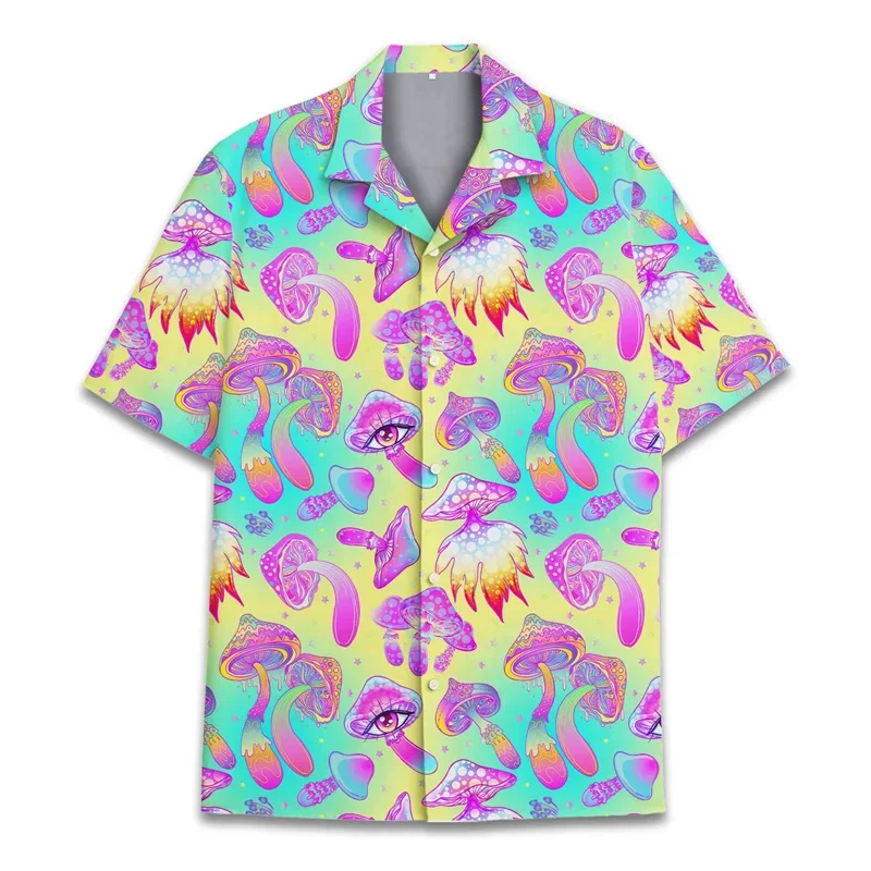 Pop Colorful Mushroom 3d Print Hawaiian Shirt Men Summer Vacation Shirts Button Lapel Short Sleeve Street Beach Aloha Shirt Clot