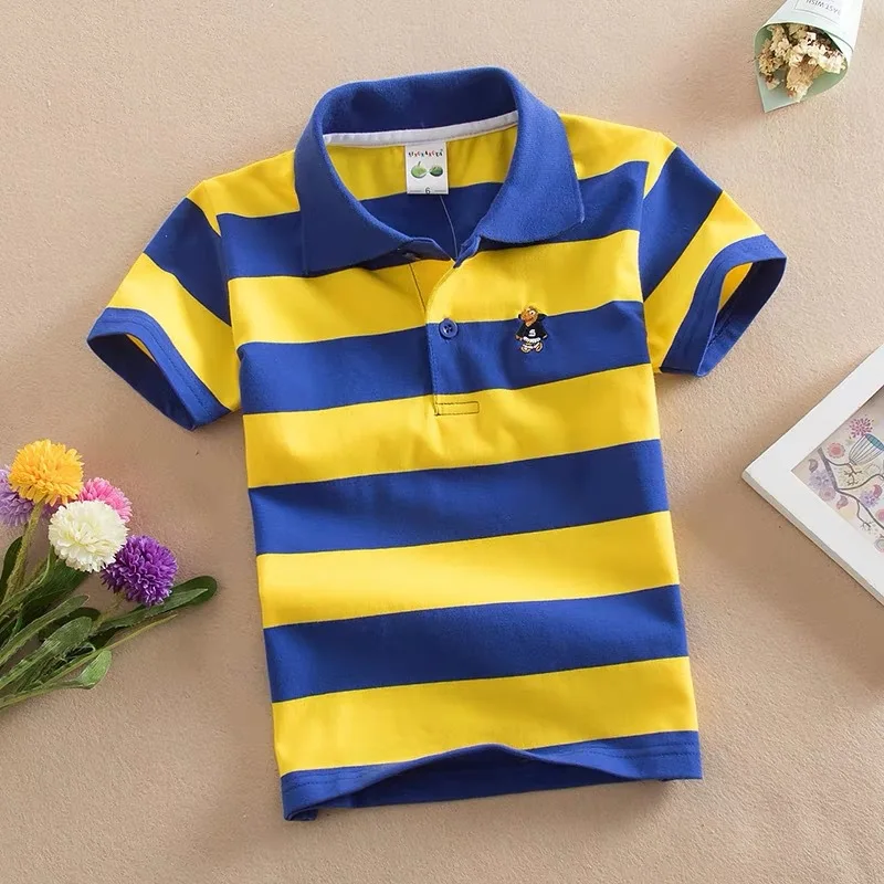 Kids children's short sleeved children's clothing Korean version medium and large children's T-shirt cotton striped lapel polo s