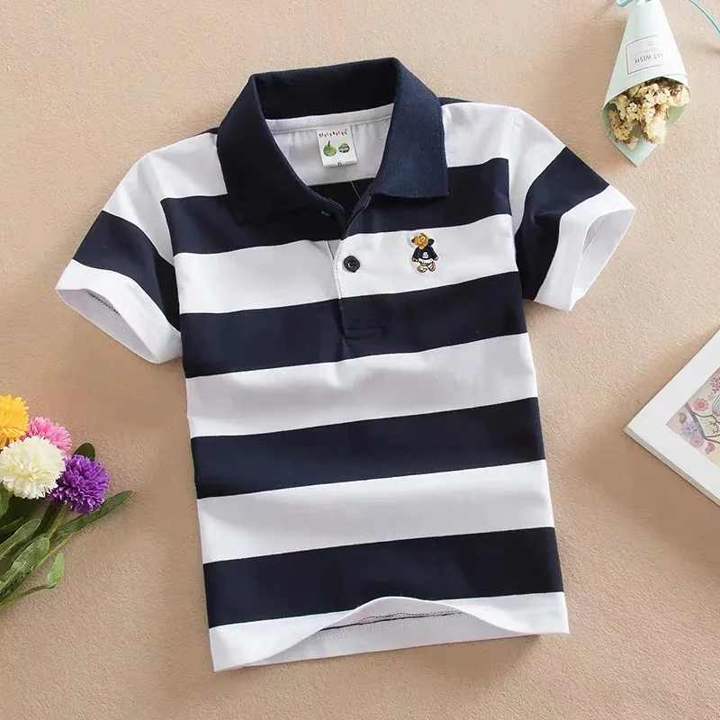Kids children's short sleeved children's clothing Korean version medium and large children's T-shirt cotton striped lapel polo s