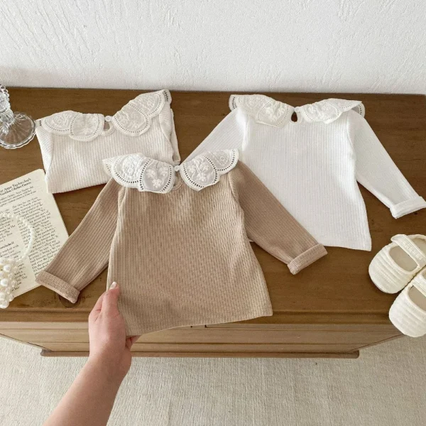 Baby Clothes Autumn Infant Girls Long Sleeve T-shirts Lace Lotus Collar Princess Kids Ribbed Bottoming Shirt Toddler Cotton Tops - Image 2