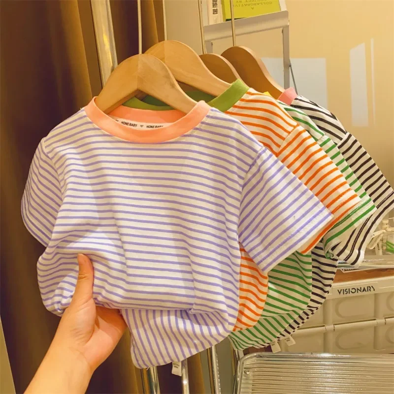 2024 New Baby Short Sleeve T Shirt Cotton Infant Striped T Shirt Summer Boy Girl Clothes Baby Cute Striped Tops Kids Tee