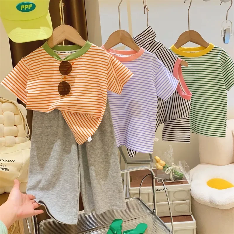 2024 New Baby Short Sleeve T Shirt Cotton Infant Striped T Shirt Summer Boy Girl Clothes Baby Cute Striped Tops Kids Tee