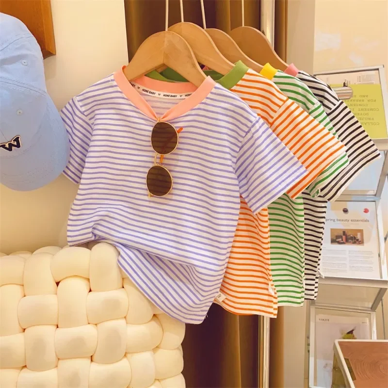 2024 New Baby Short Sleeve T Shirt Cotton Infant Striped T Shirt Summer Boy Girl Clothes Baby Cute Striped Tops Kids Tee