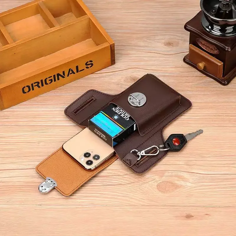 2024 Fashion New Men's Belt Leather Case Vertical Multifunctional Portable Phone Waistpack Card Bag Can Be Keyed Pu Leather Gift