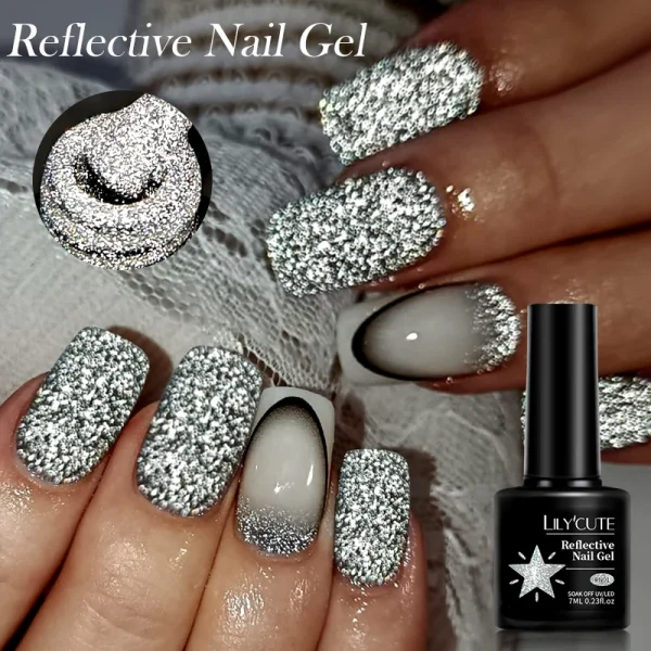 LILYCUTE 7ML Reflective Glitter Gel Nail Polish Bright Sparkling Silver Color Semi-permanent Soak Off Nail Art UV Gel Varnishes - Image 2
