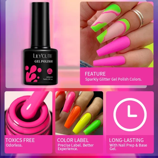 LILYCUTE Green Fluorescent Matte Color Gel Nail Polish 7ml Neon Purple Red Soak Off Gel Varnish For Nails Design UV Nail Art Gel - Image 6
