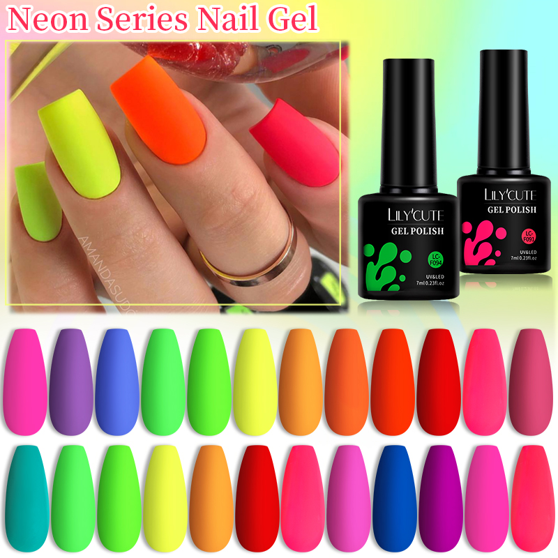 LILYCUTE Green Fluorescent Matte Color Gel Nail Polish 7ml Neon Purple Red Soak Off Gel Varnish For Nails Design UV Nail Art Gel