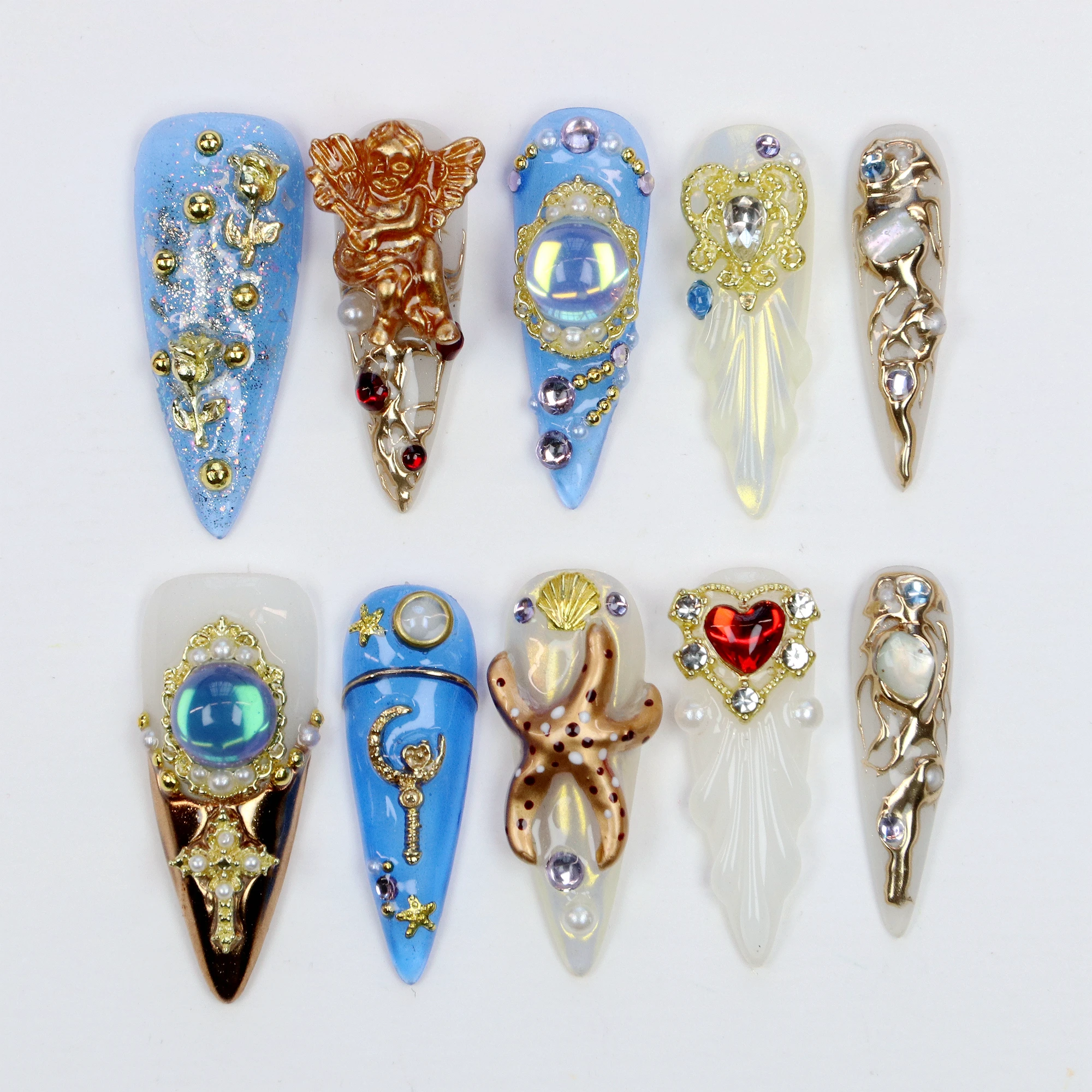 10Pcs 3D beautiful handmade Manicure Press On Nails, Acrylic Fake Handpainted  Flowers Custom Design Adhesive Nail File Set