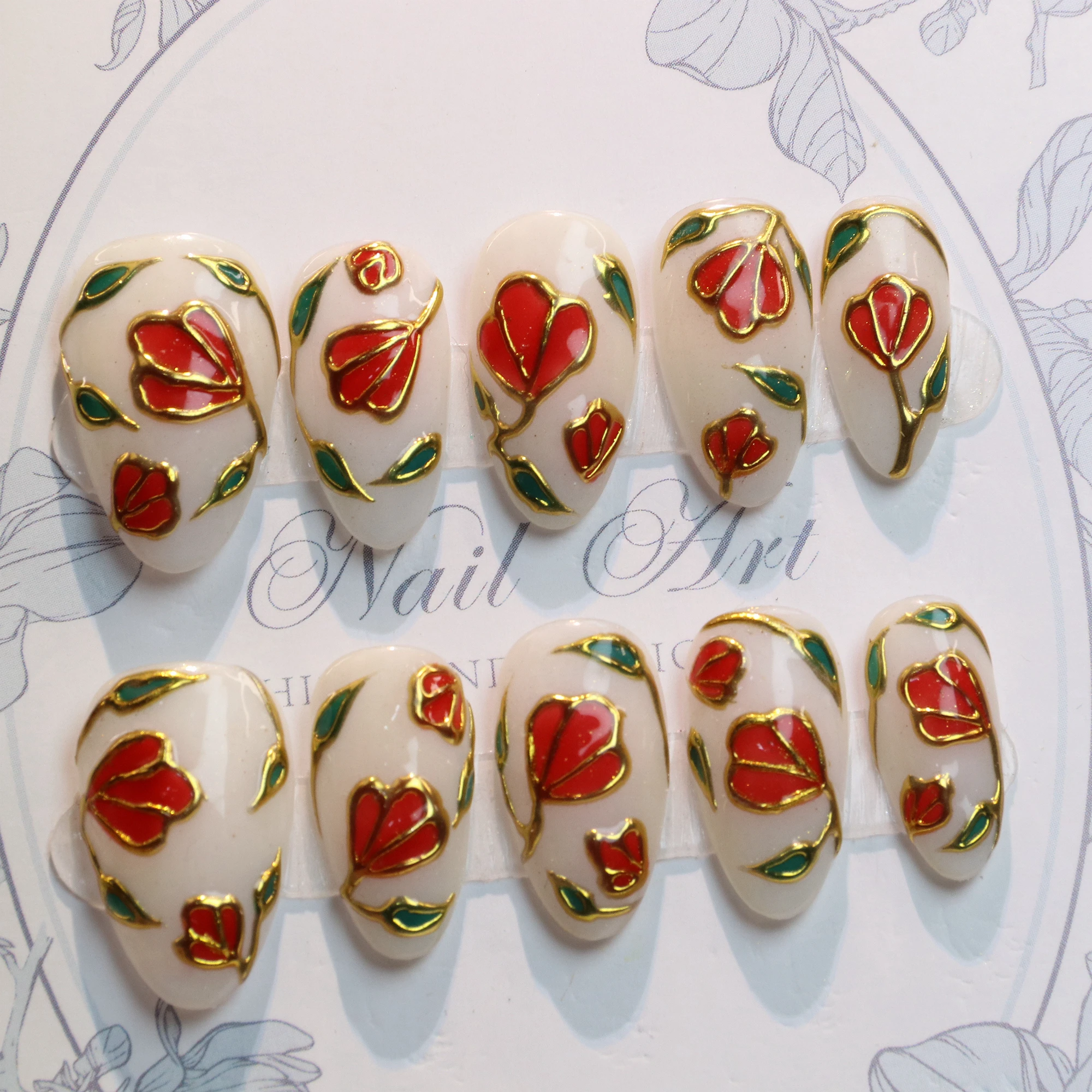 10Pcs 3D beautiful handmade Manicure Press On Nails, Acrylic Fake Handpainted  Flowers Custom Design Adhesive Nail File Set