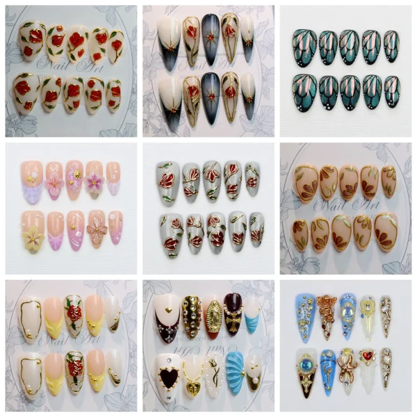 10Pcs 3D beautiful handmade Manicure Press On Nails, Acrylic Fake Handpainted  Flowers Custom Design Adhesive Nail File Set