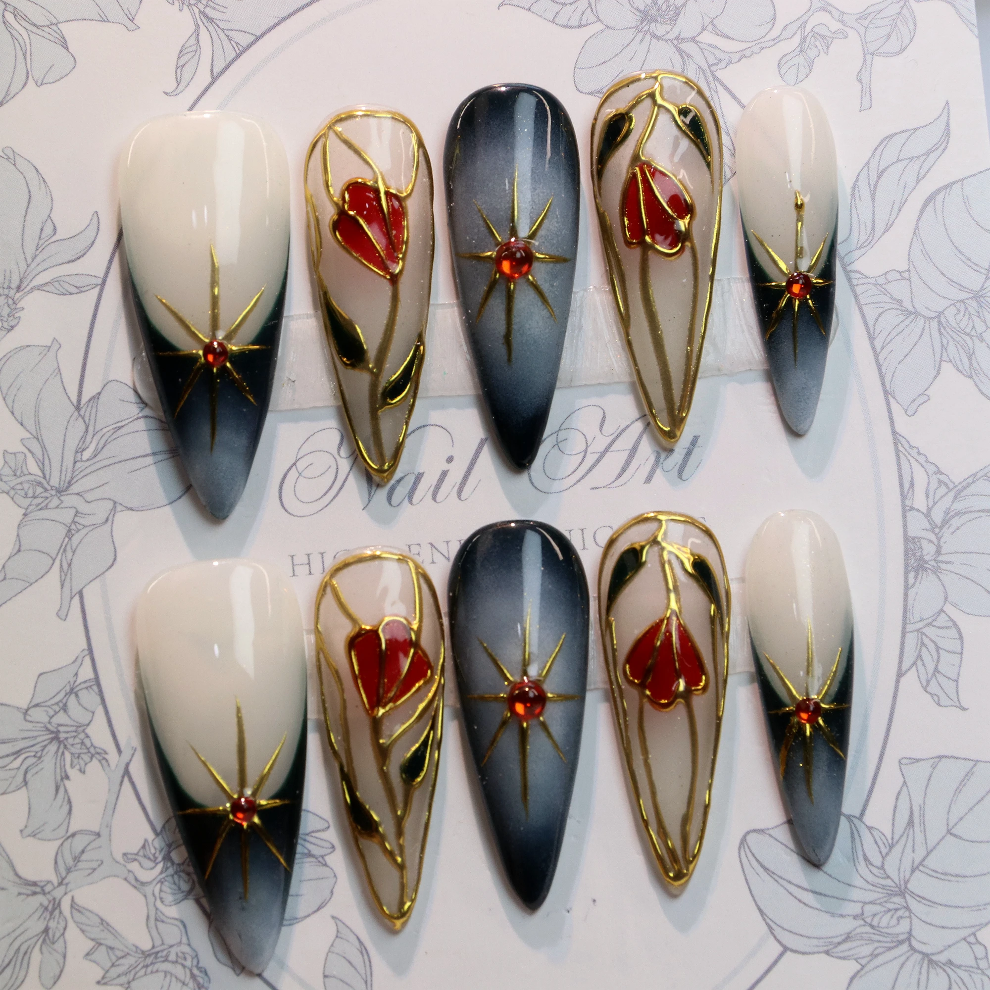 10Pcs 3D beautiful handmade Manicure Press On Nails, Acrylic Fake Handpainted  Flowers Custom Design Adhesive Nail File Set