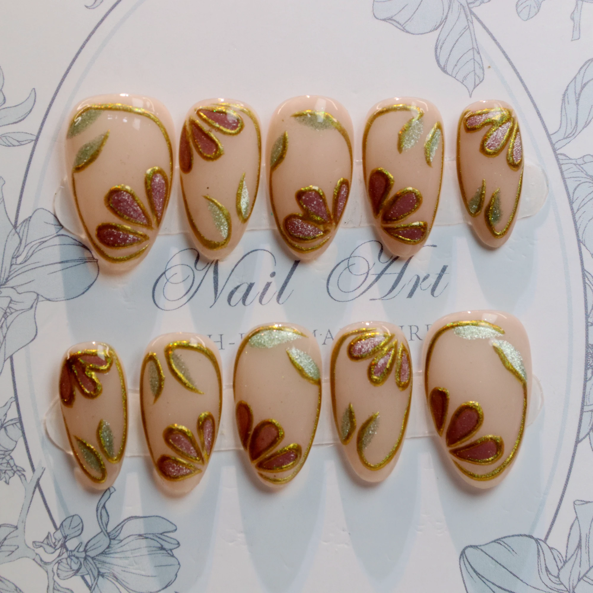 10Pcs 3D beautiful handmade Manicure Press On Nails, Acrylic Fake Handpainted  Flowers Custom Design Adhesive Nail File Set