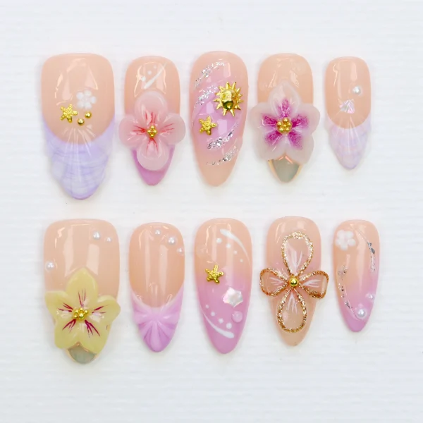10Pcs 3D beautiful handmade Manicure Press On Nails, Acrylic Fake Handpainted  Flowers Custom Design Adhesive Nail File Set - Image 3