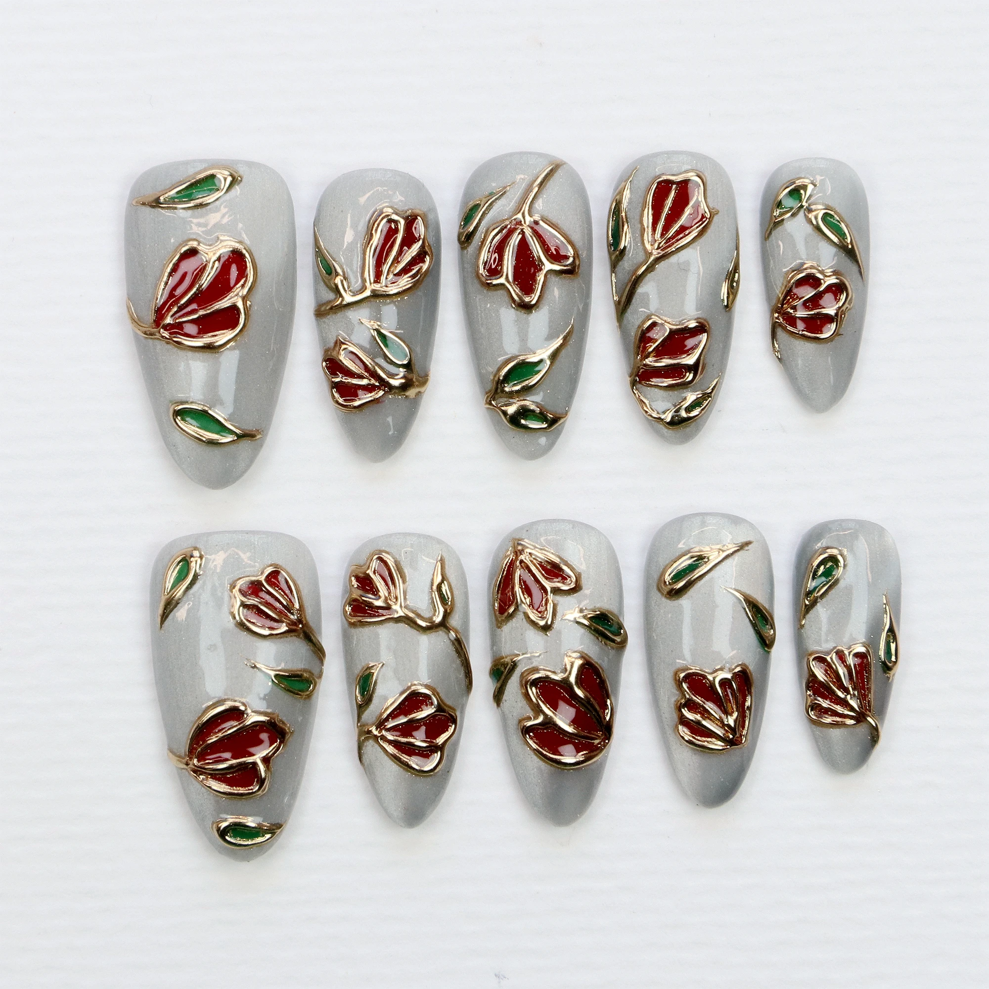 10Pcs 3D beautiful handmade Manicure Press On Nails, Acrylic Fake Handpainted  Flowers Custom Design Adhesive Nail File Set
