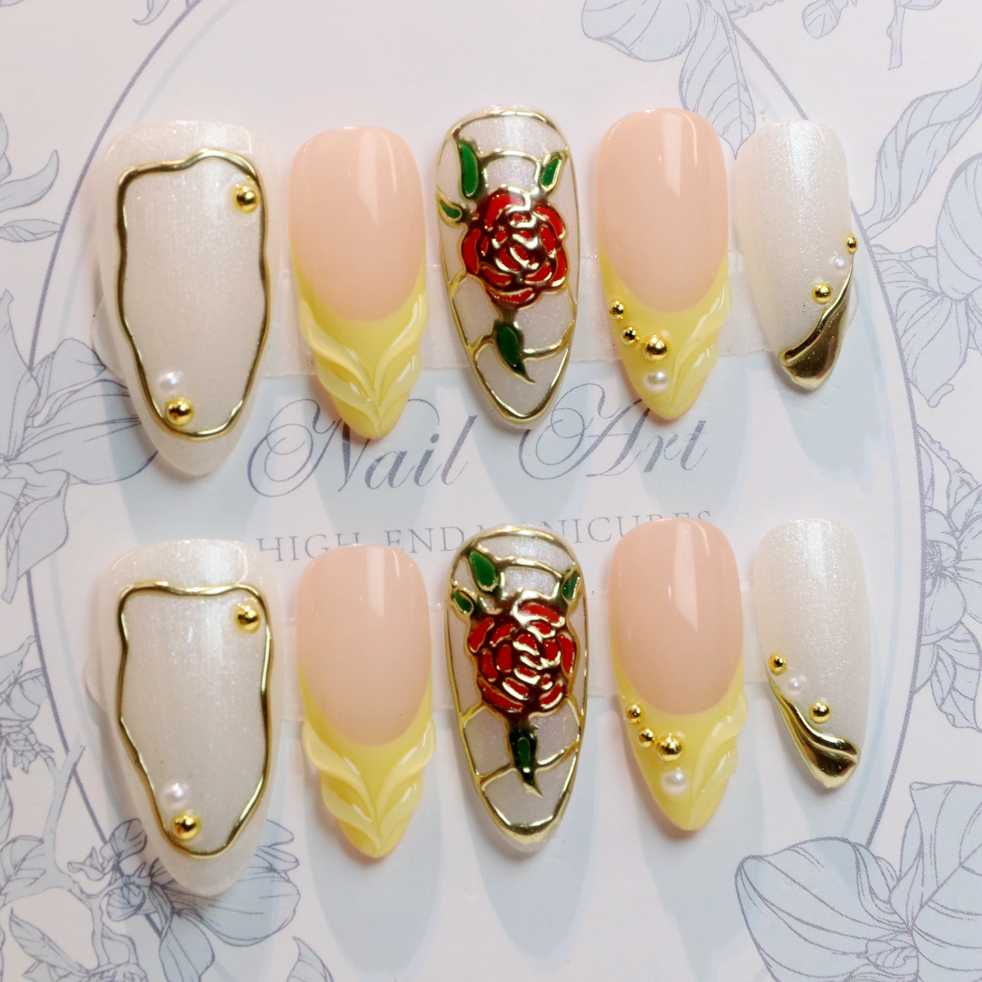 10Pcs 3D beautiful handmade Manicure Press On Nails, Acrylic Fake Handpainted  Flowers Custom Design Adhesive Nail File Set