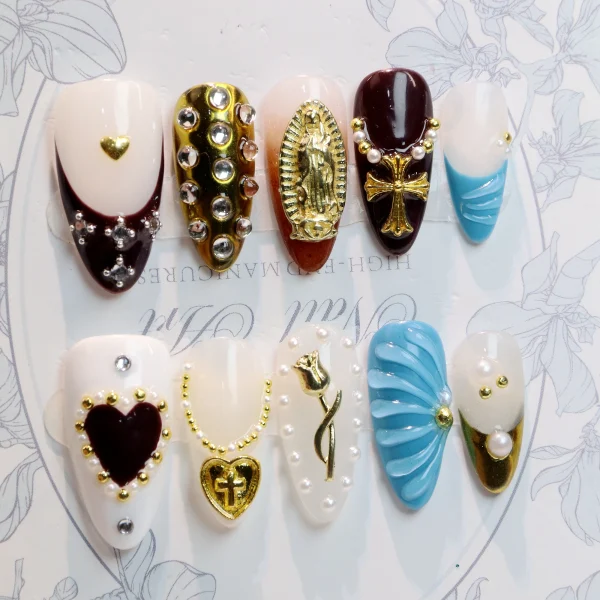 10Pcs 3D beautiful handmade Manicure Press On Nails, Acrylic Fake Handpainted  Flowers Custom Design Adhesive Nail File Set - Image 4