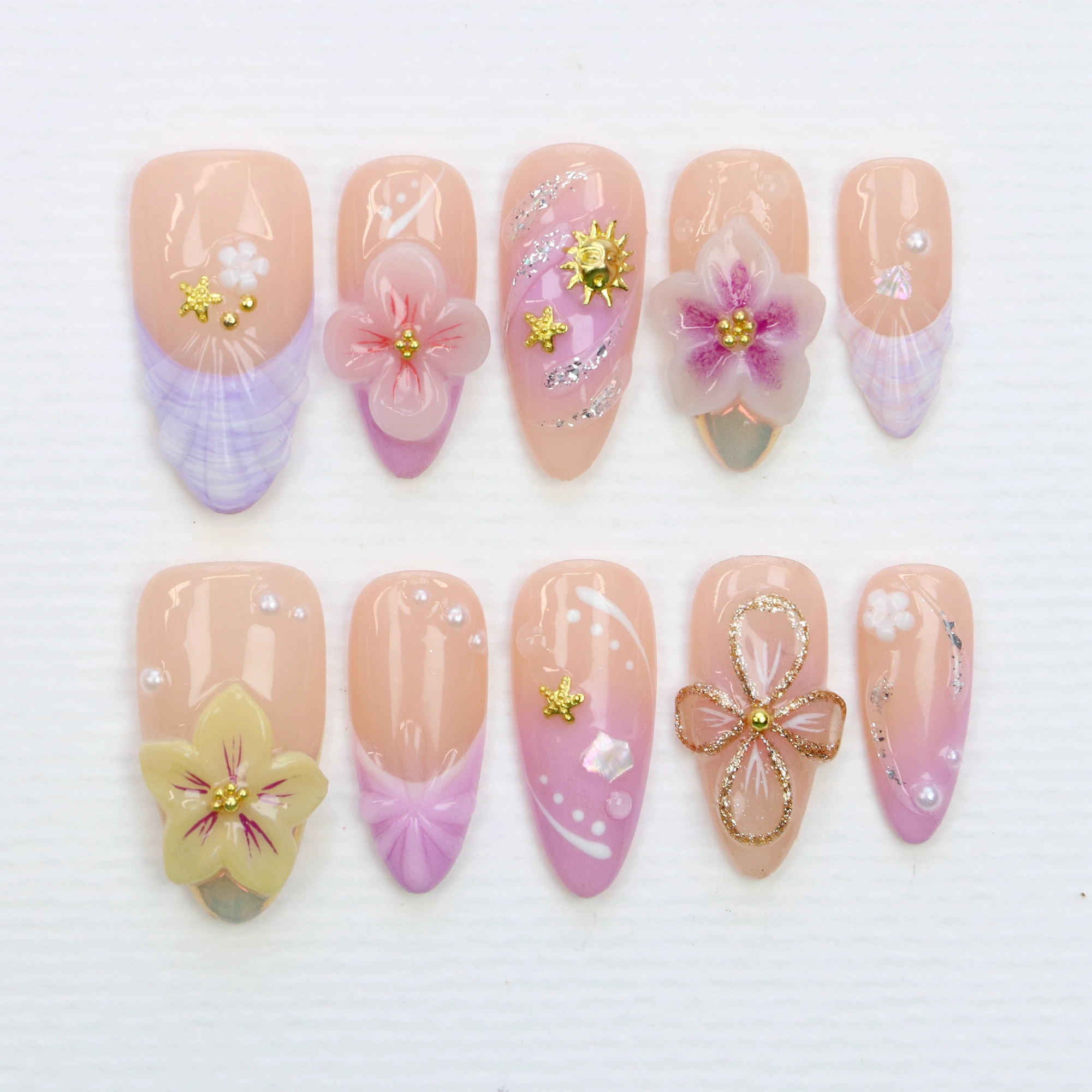 10Pcs 3D beautiful handmade Manicure Press On Nails, Acrylic Fake Handpainted  Flowers Custom Design Adhesive Nail File Set