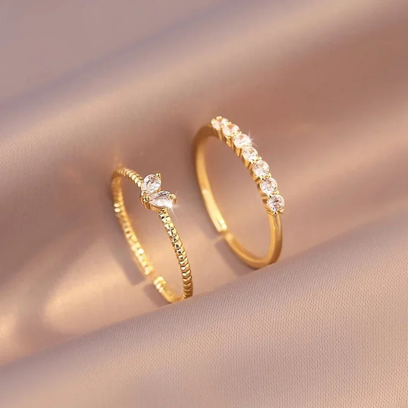 2pcs/set Gold Color Heart Zircon Rings Set for Women Girls Adjustable Minimalism Luxury Twist Ring Fashion Jewelry Wedding Gifts 2pcs/set Gold Color Heart Zircon Rings Set for Women Girls Adjustable Minimalism Luxury Twist Ring Fashion Jewelry Wedding Gifts