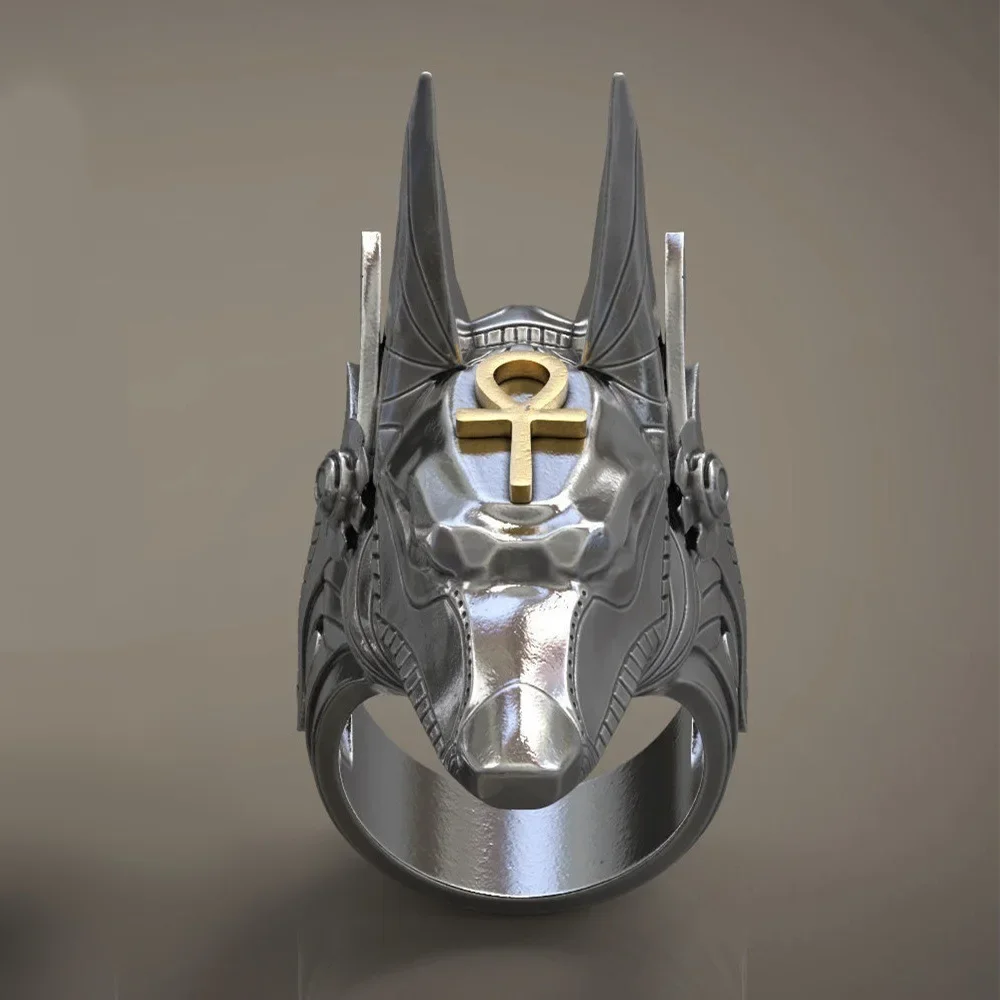 Vintage Stainless Steel Egypt Cross Anubis God Finger Rings for Men Women Punk Wolf Head Knuckle Ring Boho Statement Jewelry