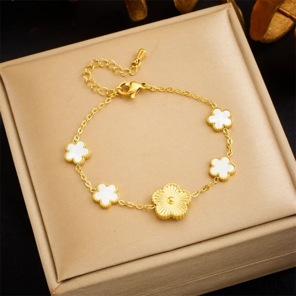 XIYANIKE 316L Stainless Steel Gold Color Five Leaf Flower Charm Bracelet For Women 2023 New Luxury Zircon Clover Bangle Jewelry - Image 2