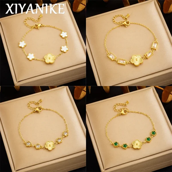 XIYANIKE 316L Stainless Steel Gold Color Five Leaf Flower Charm Bracelet For Women 2023 New Luxury Zircon Clover Bangle Jewelry