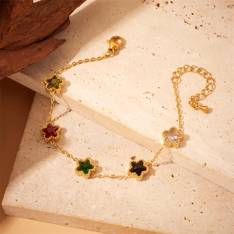 XIYANIKE 316L Stainless Steel Gold Color Five Leaf Flower Charm Bracelet For Women 2023 New Luxury Zircon Clover Bangle Jewelry