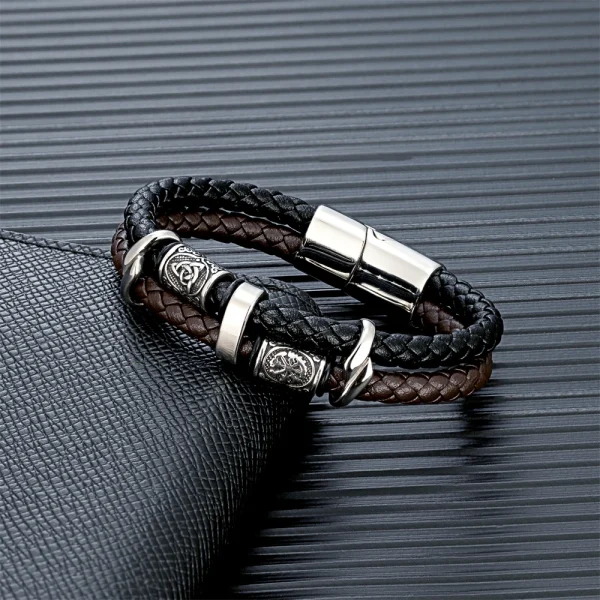 Vintage Vikings Compass Multilayer Genuine Leather Bracelet Men Stainless Steel Norse Runes Valknut Bangle Scandinavian Jewelry - Image 3