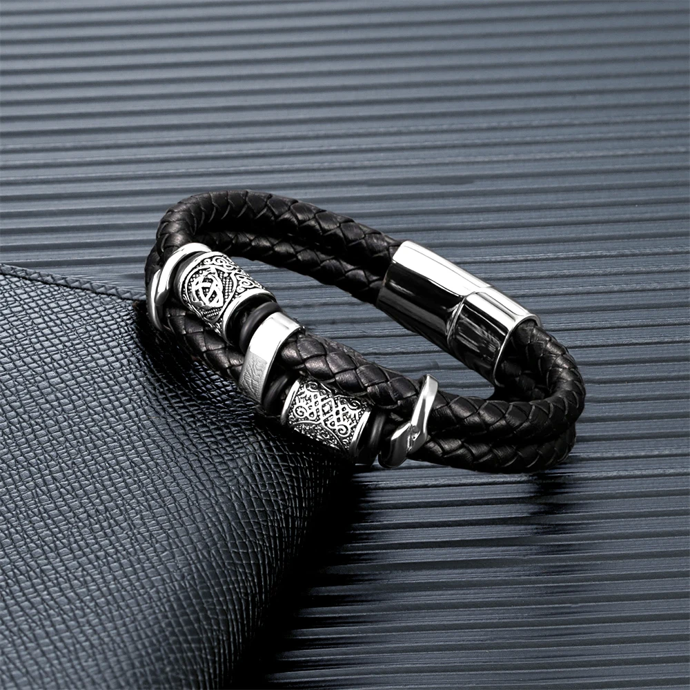 Vintage Vikings Compass Multilayer Genuine Leather Bracelet Men Stainless Steel Norse Runes Valknut Bangle Scandinavian Jewelry