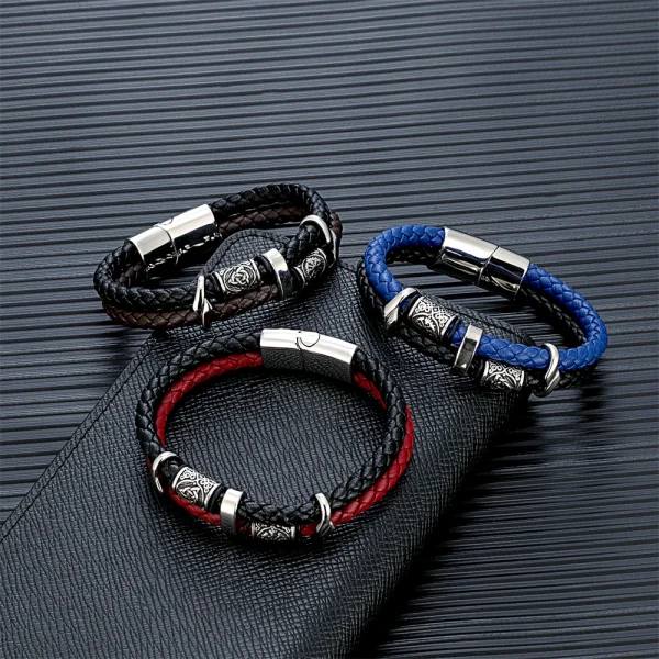 Vintage Vikings Compass Multilayer Genuine Leather Bracelet Men Stainless Steel Norse Runes Valknut Bangle Scandinavian Jewelry - Image 5