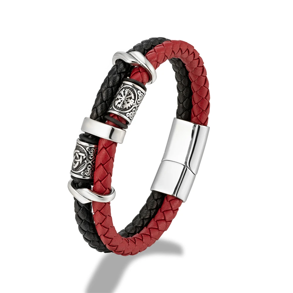 Vintage Vikings Compass Multilayer Genuine Leather Bracelet Men Stainless Steel Norse Runes Valknut Bangle Scandinavian Jewelry