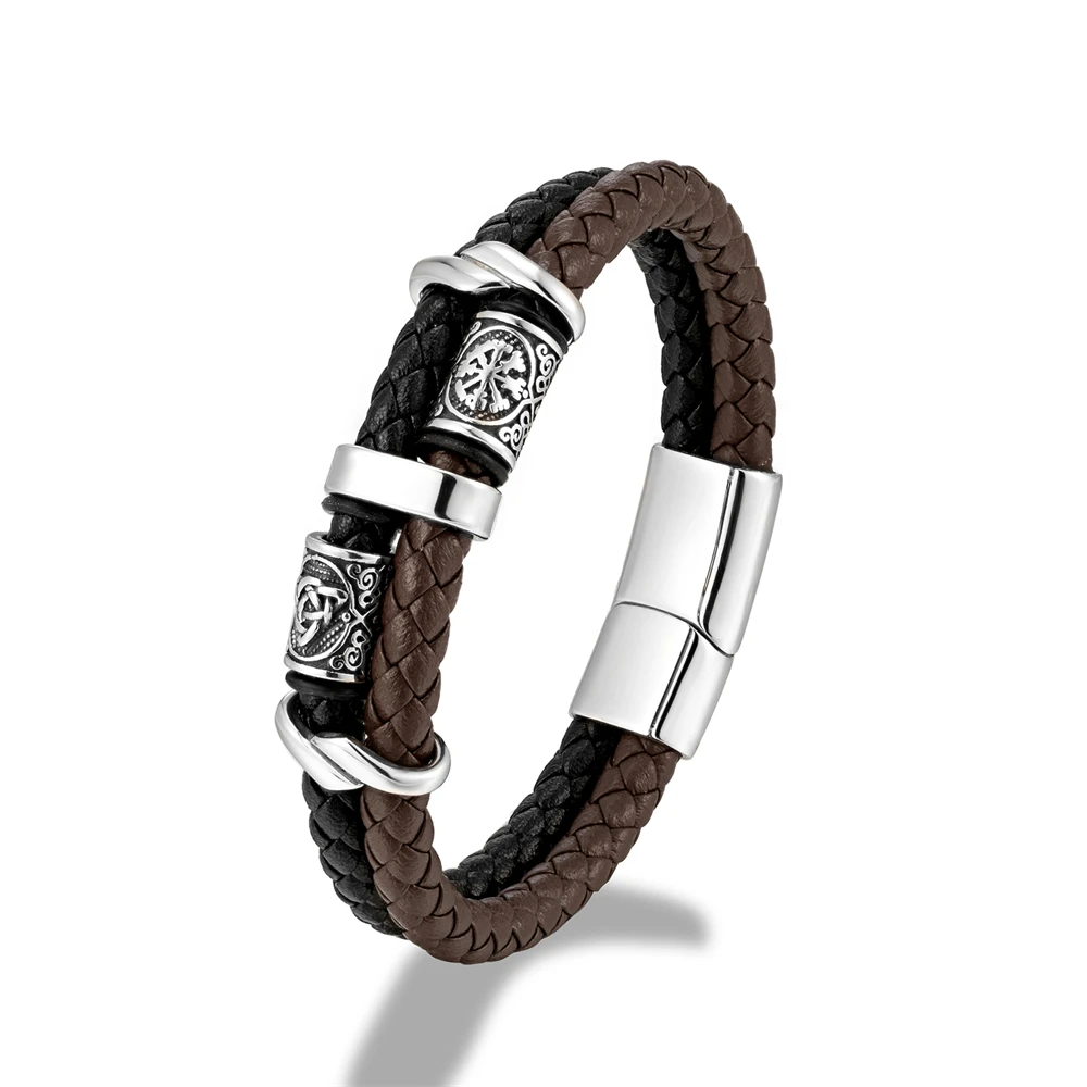 Vintage Vikings Compass Multilayer Genuine Leather Bracelet Men Stainless Steel Norse Runes Valknut Bangle Scandinavian Jewelry