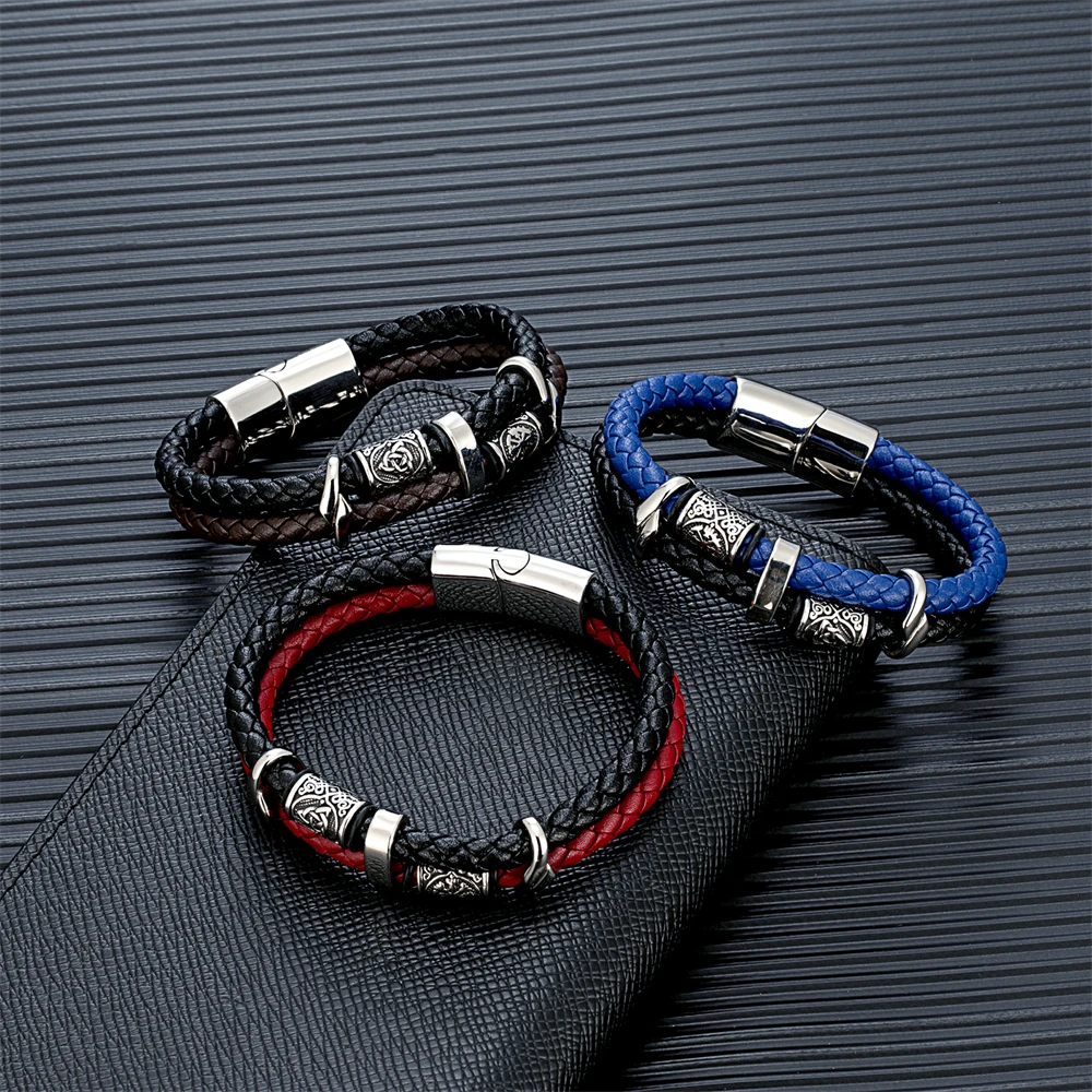 Vintage Vikings Compass Multilayer Genuine Leather Bracelet Men Stainless Steel Norse Runes Valknut Bangle Scandinavian Jewelry