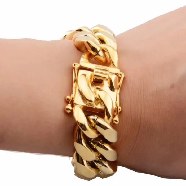 Gold Color/Rose Gold Stainless Steel Curb Cuban Link Chain Bracelet Bangle Jewelry 7-11inch for Men Women 8/10/12/14/16/18mm