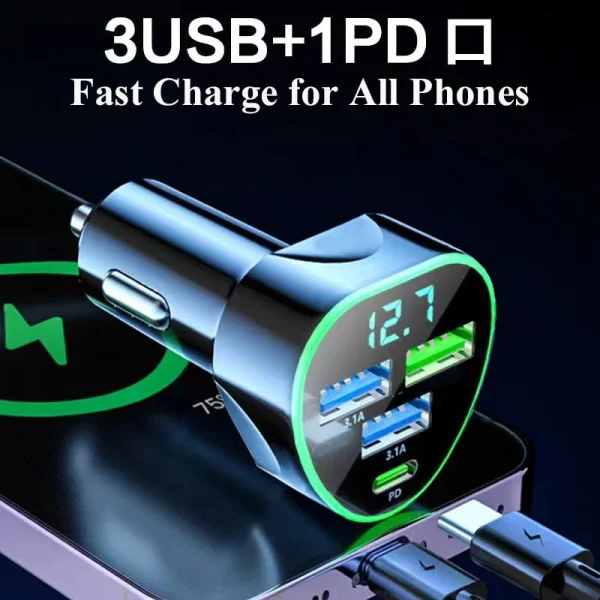 UYUXIO USB C Car Phone Charger Super Fast Charge in Car with LED Voltage Display for iPhone Samsung Huawei Oneplus Android Phone - Image 6