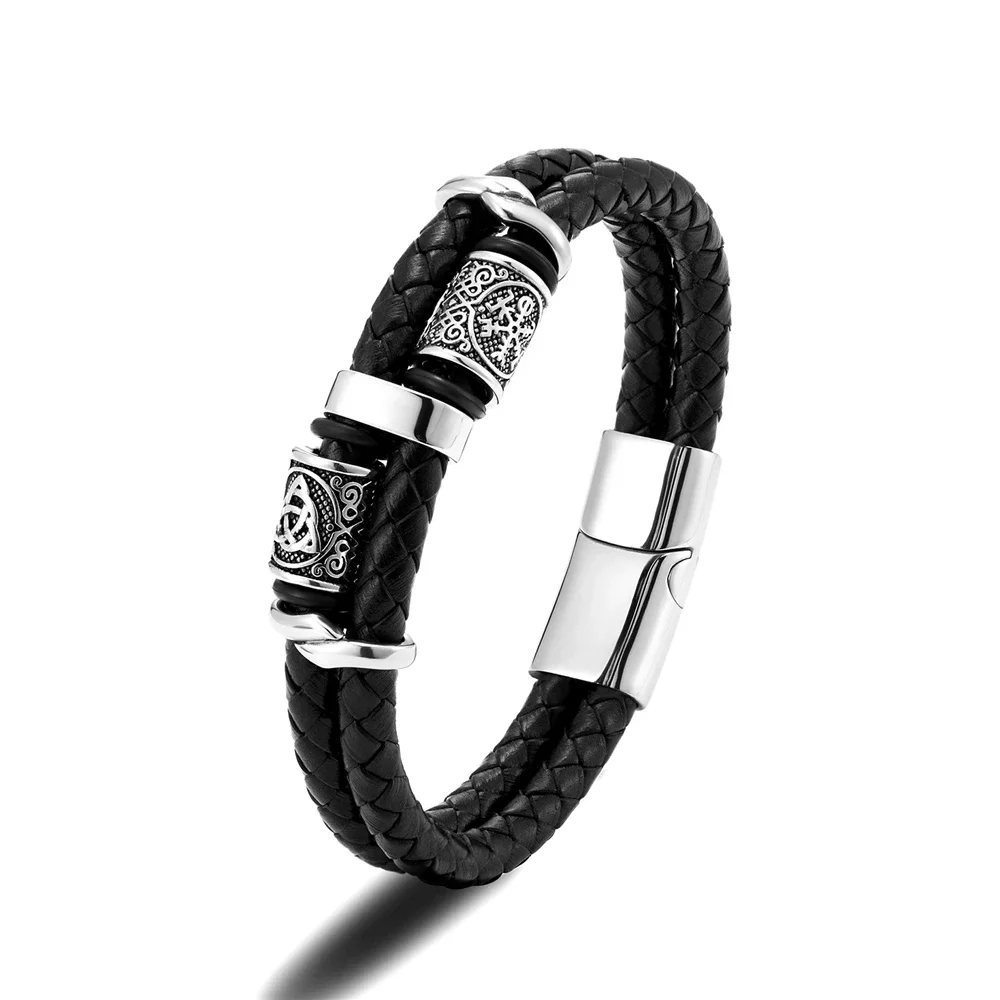 Vintage Vikings Compass Multilayer Genuine Leather Bracelet Men Stainless Steel Norse Runes Valknut Bangle Scandinavian Jewelry